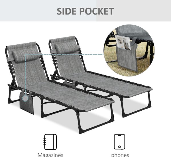 Outsunny Portable Sun Lounger Set of 2, Folding Camping Bed Cot, Reclining Lounge Chair 5-position Adjustable Backrest, Mixed Grey