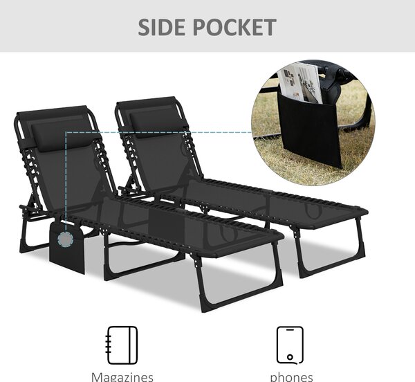 Outsunny Portable Sun Lounger Set of 2, Folding Camping Bed Cot with 5-position Adjustable Backrest, Side Pocket and Pillow, Black