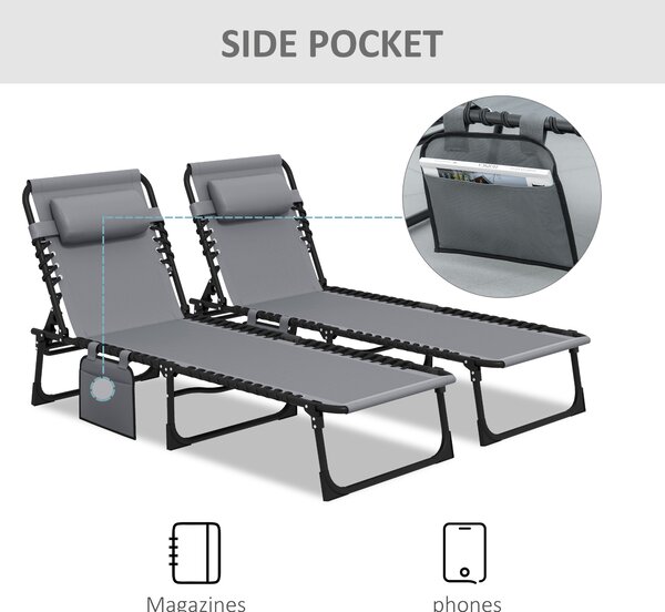Outsunny Portable Sun Lounger Set of 2, Folding Camping Bed Cot, Reclining Lounge Chair 5-position Adjustable Backrest for Patio Beach, Grey