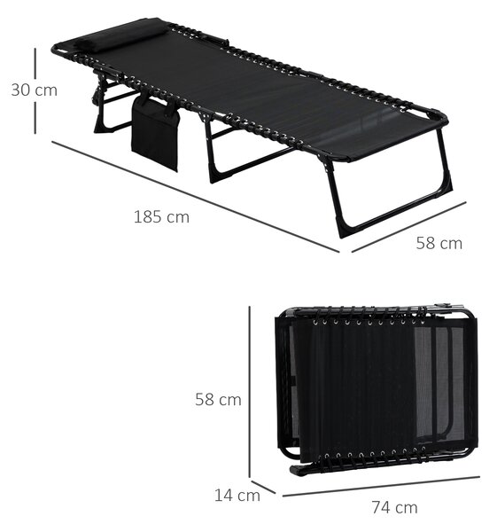 Outsunny Portable Sun Lounger Set of 2, Folding Camping Bed Cot with 5-position Adjustable Backrest, Side Pocket and Pillow, Black