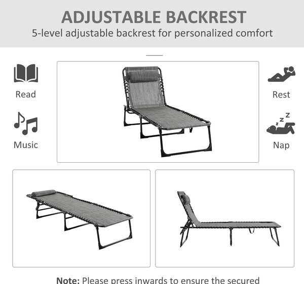 Outsunny Portable Sun Lounger Set of 2, Folding Camping Bed Cot, Reclining Lounge Chair 5-position Adjustable Backrest, Mixed Grey