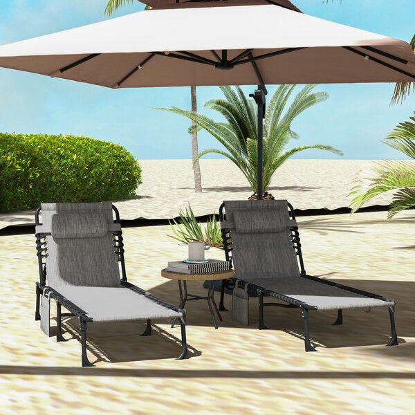 Outsunny Portable Sun Lounger Set of 2, Folding Camping Bed Cot, Reclining Lounge Chair 5-position Adjustable Backrest, Mixed Grey