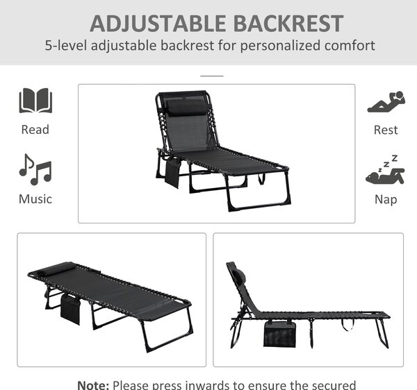 Outsunny Portable Sun Lounger Set of 2, Folding Camping Bed Cot with 5-position Adjustable Backrest, Side Pocket and Pillow, Black