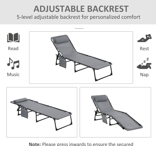 Outsunny Portable Sun Lounger Set of 2, Folding Camping Bed Cot, Reclining Lounge Chair 5-position Adjustable Backrest for Patio Beach, Grey