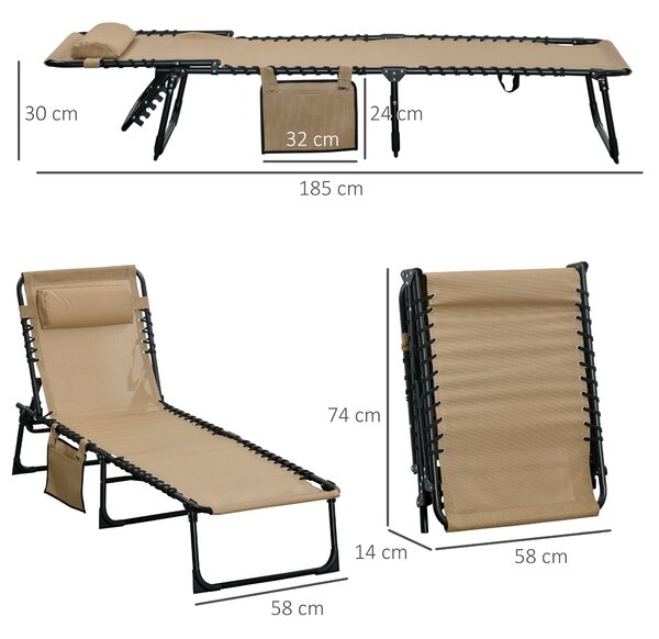 Outsunny Portable Sun Lounger Set of 2, Folding Camping Bed Cot, Reclining Lounge Chair 5-position Adjustable Backrest with Side Pocket Aosom UK