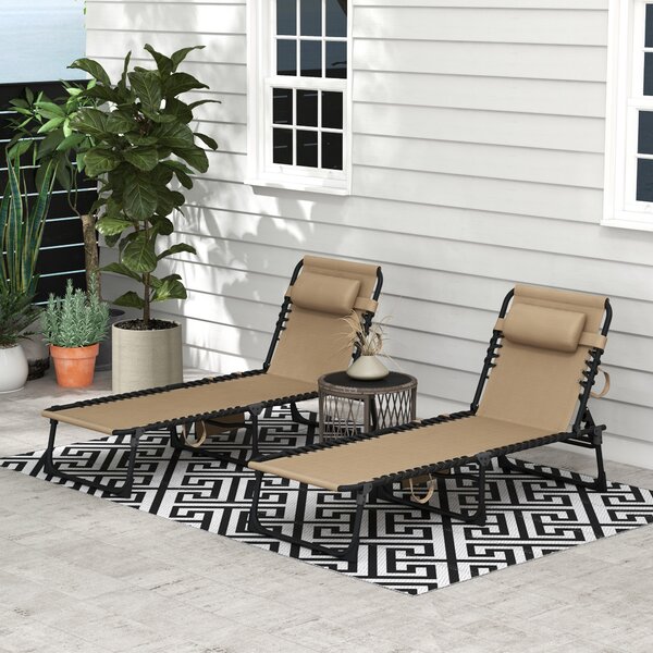 Outsunny Portable Sun Lounger Set of 2, Folding Camping Bed Cot, Reclining Lounge Chair 5-position Adjustable Backrest with Side Pocket Aosom UK
