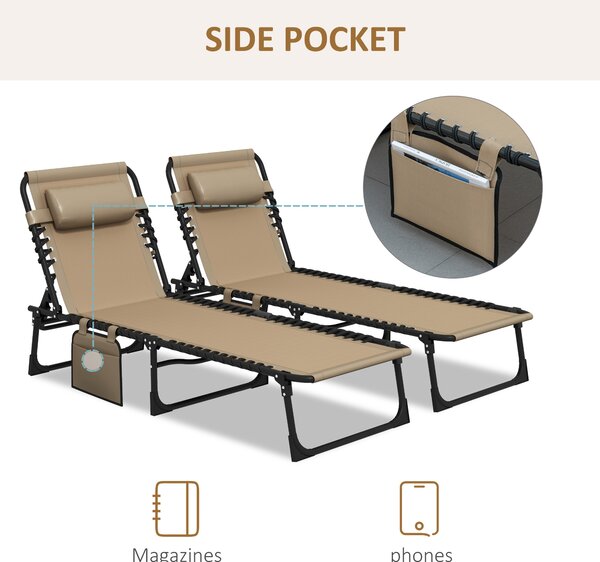 Outsunny Portable Sun Lounger Set of 2, Folding Camping Bed Cot, Reclining Lounge Chair 5-position Adjustable Backrest with Side Pocket Aosom UK