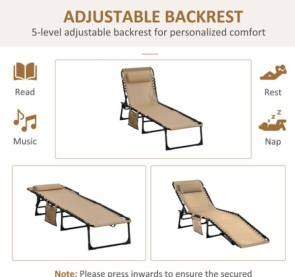 Outsunny Portable Sun Lounger Set of 2, Folding Camping Bed Cot, Reclining Lounge Chair 5-position Adjustable Backrest with Side Pocket Aosom UK