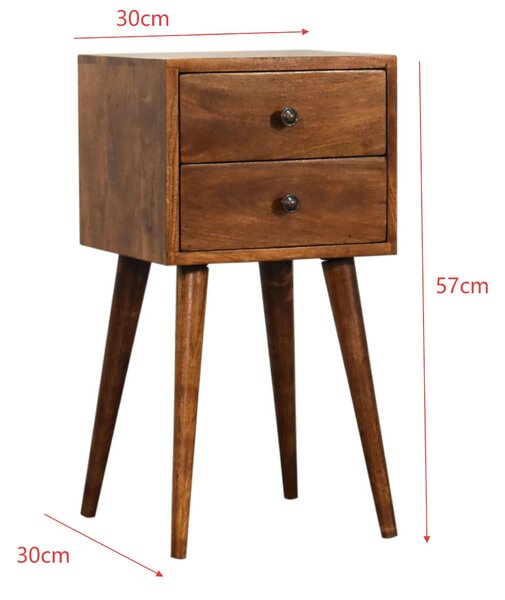 Solid Mango Wood Mini Bedside Cabinet with 2 Smooth-Gliding Drawers, Handcrafted Desk with Nordic Slim Legs, 30L x 30W x 57H cm, Brown Aosom UK