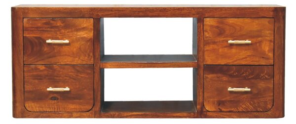 Solid Wood Luca Media Unit with 2 Open Compartments and 4 Drawers, Handcrafted TV Cabinet for Living Room, 35L x 110W x 45H cm, Brown Aosom UK