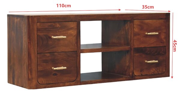 Solid Wood Luca Media Unit with 2 Open Compartments and 4 Drawers, Handcrafted TV Cabinet for Living Room, 35L x 110W x 45H cm, Brown Aosom UK