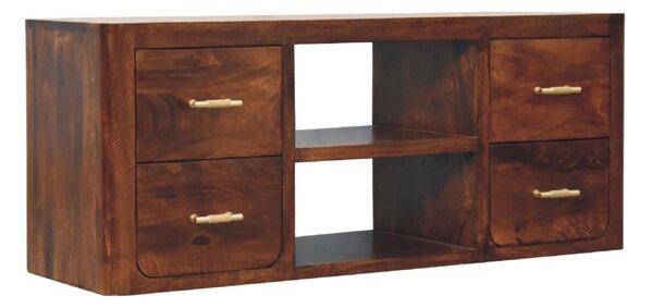 Solid Wood Luca Media Unit with 2 Open Compartments and 4 Drawers, Handcrafted TV Cabinet for Living Room, 35L x 110W x 45H cm, Brown Aosom UK