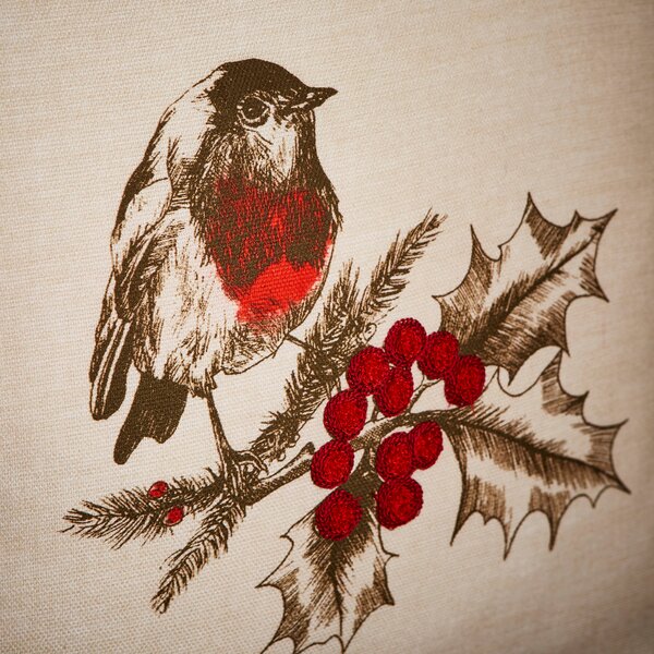 Festive Robin Embroidered Cushion