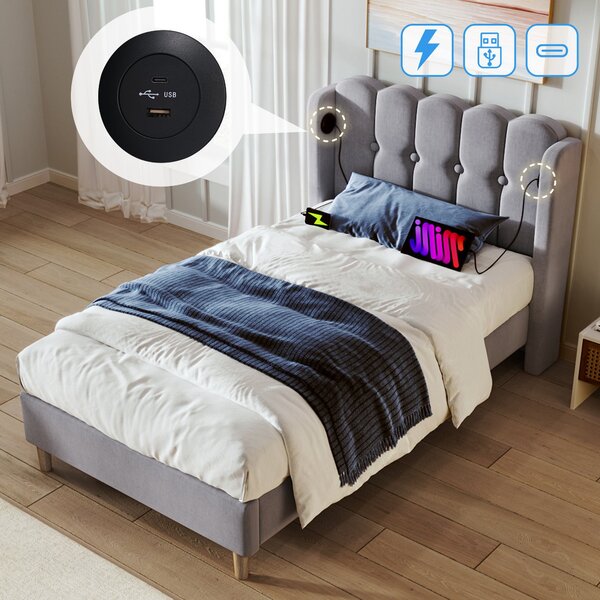 Upholstered Single Bed with USB Type-C Charging Ports, Linen Fabric, Teenager Bed for Bedroom, Guest Room, 197L x 103W x 103H cm, Grey Aosom UK