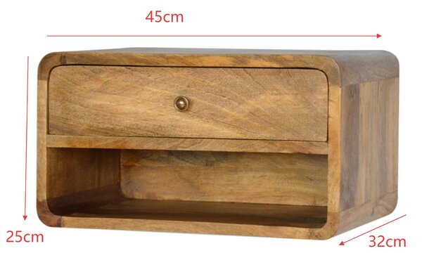 Solid Wood Floating Bedside Table with Drawer and Open Shelf, Handcrafted Desk with Clear Natural Finish, 32L x 45W x 25H cm, Brown Aosom UK