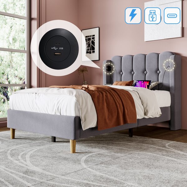 Upholstered Single Bed with USB Type-C Charging Ports, Linen Fabric, Teenager Bed for Bedroom, Guest Room, 197L x 103W x 103H cm, Grey Aosom UK