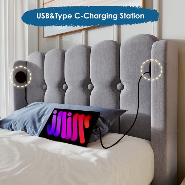 Upholstered Single Bed with USB Type-C Charging Ports, Linen Fabric, Teenager Bed for Bedroom, Guest Room, 197L x 103W x 103H cm, Grey Aosom UK