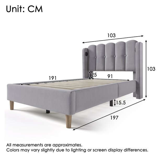 Upholstered Single Bed with USB Type-C Charging Ports, Linen Fabric, Teenager Bed for Bedroom, Guest Room, 197L x 103W x 103H cm, Grey Aosom UK