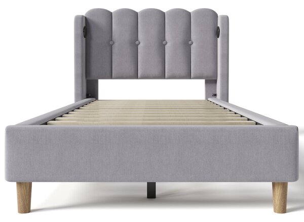 Upholstered Single Bed with USB Type-C Charging Ports, Linen Fabric, Teenager Bed for Bedroom, Guest Room, 197L x 103W x 103H cm, Grey Aosom UK