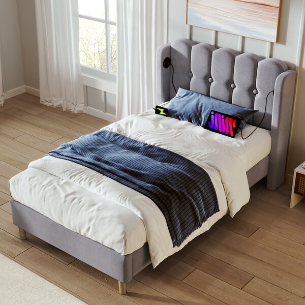 Upholstered Single Bed with USB Type-C Charging Ports, Linen Fabric, Teenager Bed for Bedroom, Guest Room, 197L x 103W x 103H cm, Grey Aosom UK