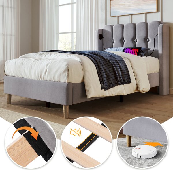 Upholstered Single Bed with USB Type-C Charging Ports, Linen Fabric, Teenager Bed for Bedroom, Guest Room, 197L x 103W x 103H cm, Grey Aosom UK