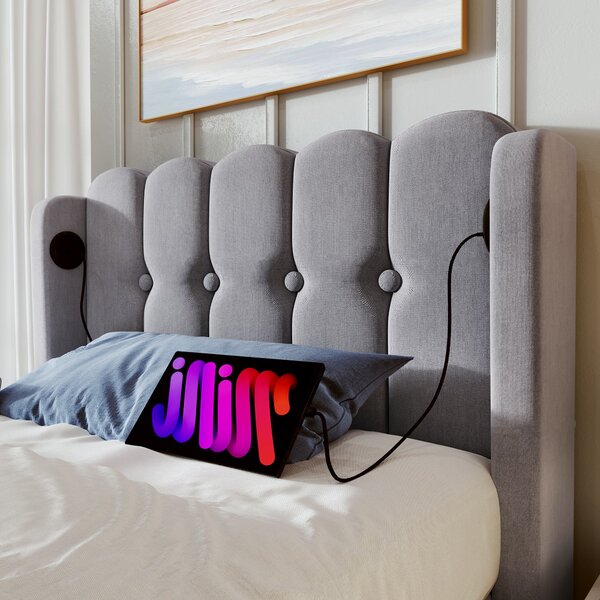 Upholstered Single Bed with USB Type-C Charging Ports, Linen Fabric, Teenager Bed for Bedroom, Guest Room, 197L x 103W x 103H cm, Grey Aosom UK