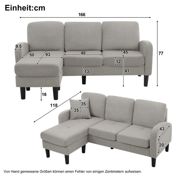 3-seater L-shaped Corner Sofa with Reversible Chaise and Soft Padded Seats, Sofa Bed with Plastic Legs, 166L x 118W x 77H cm, Gray Aosom UK