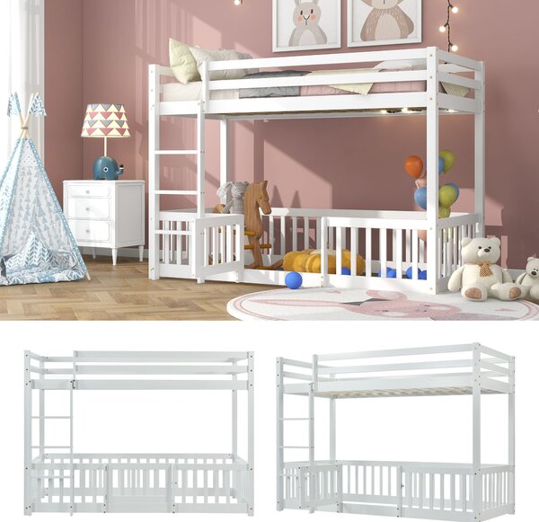 Children's Bunk Bed with Safety Railings and Right-Angled Ladder, Solid Pine Wood Bed Frame, Kids Storage Solution, 198x101.5x150 cm, White Aosom.UK