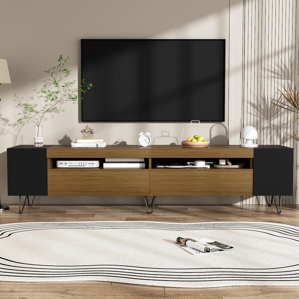 Modern TV Cabinet with 2 Front Doors and Open Side Compartments, Durable TV Stand with Cable Outlets, 180L x 36W x 43H cm, Black+Wood Aosom UK