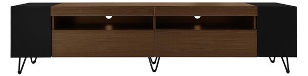 Modern TV Cabinet with 2 Front Doors and Open Side Compartments, Durable TV Stand with Cable Outlets, 180L x 36W x 43H cm, Black+Wood Aosom UK