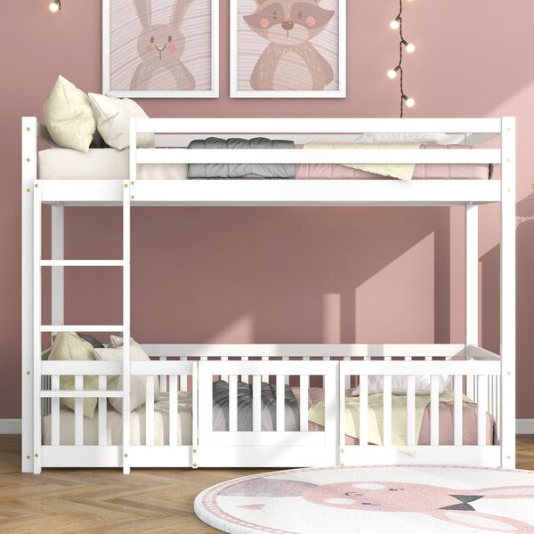 Children's Bunk Bed with Safety Railings and Right-Angled Ladder, Solid Pine Wood Bed Frame, Kids Storage Solution, 198x101.5x150 cm, White Aosom.UK
