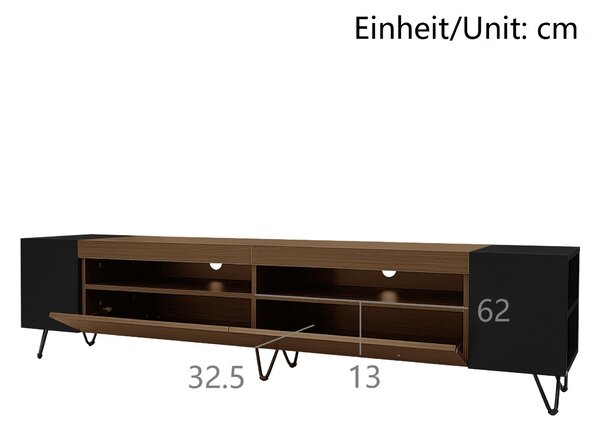 Modern TV Cabinet with 2 Front Doors and Open Side Compartments, Durable TV Stand with Cable Outlets, 180L x 36W x 43H cm, Black+Wood Aosom UK