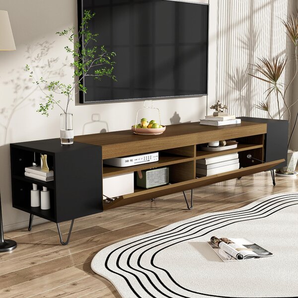 Modern TV Cabinet with 2 Front Doors and Open Side Compartments, Durable TV Stand with Cable Outlets, 180L x 36W x 43H cm, Black+Wood Aosom UK