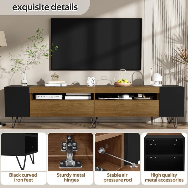 Modern TV Cabinet with 2 Front Doors and Open Side Compartments, Durable TV Stand with Cable Outlets, 180L x 36W x 43H cm, Black+Wood Aosom UK