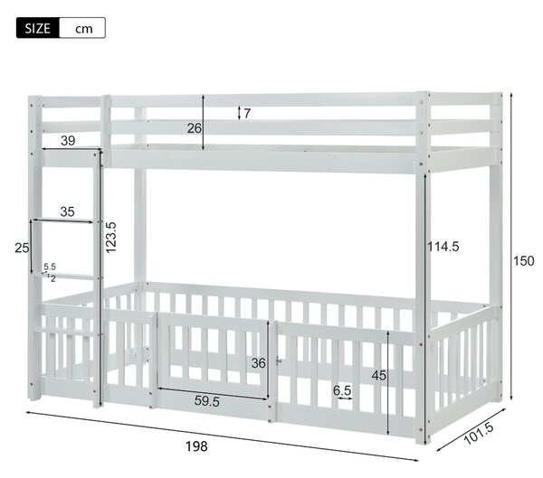 Children's Bunk Bed with Safety Railings and Right-Angled Ladder, Solid Pine Wood Bed Frame, Kids Storage Solution, 198x101.5x150 cm, White Aosom.UK