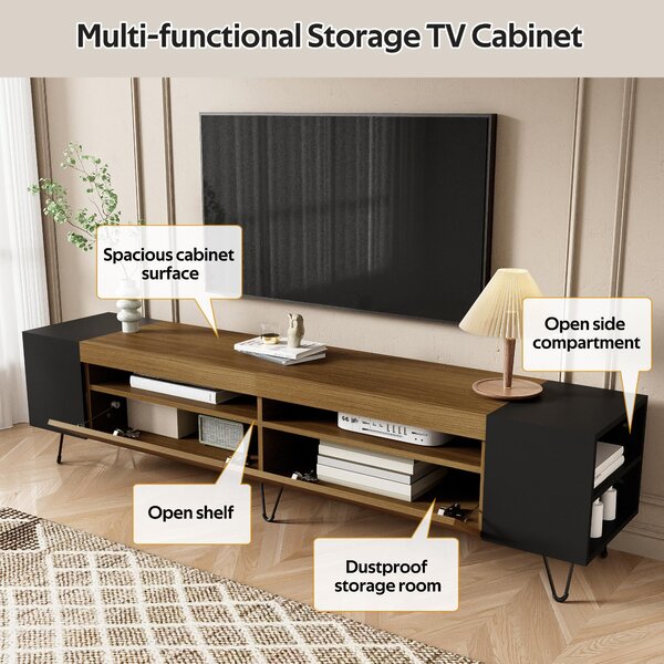 Modern TV Cabinet with 2 Front Doors and Open Side Compartments, Durable TV Stand with Cable Outlets, 180L x 36W x 43H cm, Black+Wood Aosom UK