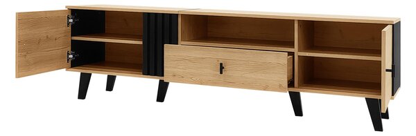Modern TV Cabinet with 2 Doors, Slatted Front, Spacious Compartment, TV Stand for organised storage, 170L x 4W x 50.5H cm, Black+Wood Aosom UK