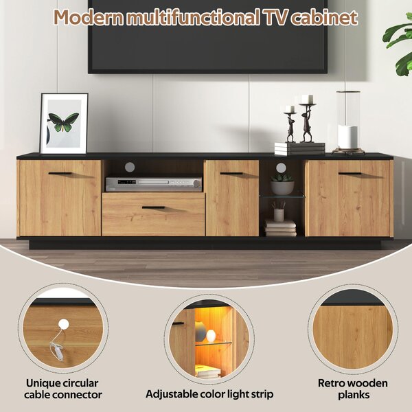 Modern TV Cabinet with 3 Doors, Drawer and 2 Open Glass Compartments, TV Stand with Solid Wooden Legs, 180L x 37W x 45H cm, Black+Wood Aosom UK
