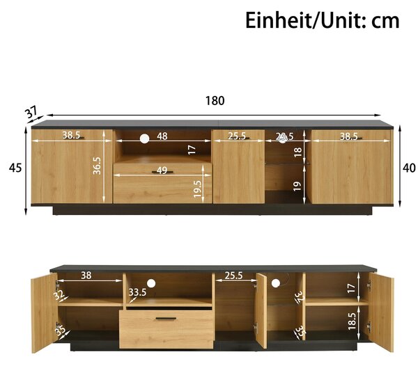 Modern TV Cabinet with 3 Doors, Drawer and 2 Open Glass Compartments, TV Stand with Solid Wooden Legs, 180L x 37W x 45H cm, Black+Wood Aosom UK
