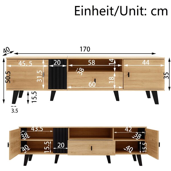 Modern TV Cabinet with 2 Doors, Slatted Front, Spacious Compartment, TV Stand for organised storage, 170L x 4W x 50.5H cm, Black+Wood Aosom UK