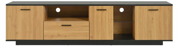 Modern TV Cabinet with 3 Doors, Drawer and 2 Open Glass Compartments, TV Stand with Solid Wooden Legs, 180L x 37W x 45H cm, Black+Wood Aosom UK