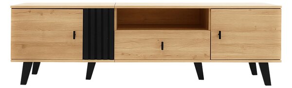 Modern TV Cabinet with 2 Doors, Slatted Front, Spacious Compartment, TV Stand for organised storage, 170L x 4W x 50.5H cm, Black+Wood Aosom UK