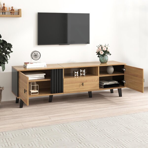 Modern TV Cabinet with 2 Doors, Slatted Front, Spacious Compartment, TV Stand for organised storage, 170L x 4W x 50.5H cm, Black+Wood Aosom UK