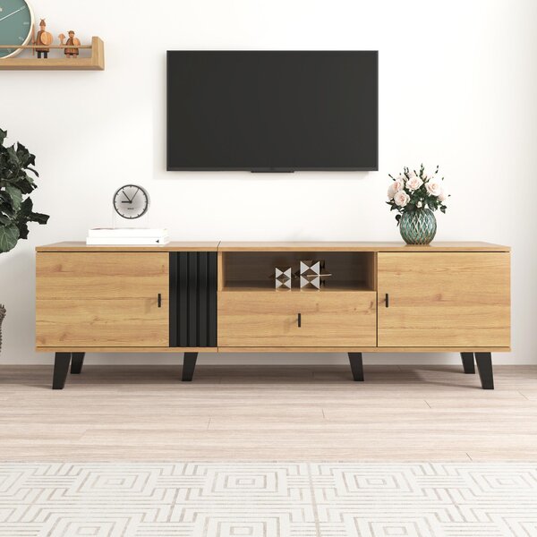 Modern TV Cabinet with 2 Doors, Slatted Front, Spacious Compartment, TV Stand for organised storage, 170L x 4W x 50.5H cm, Black+Wood Aosom UK