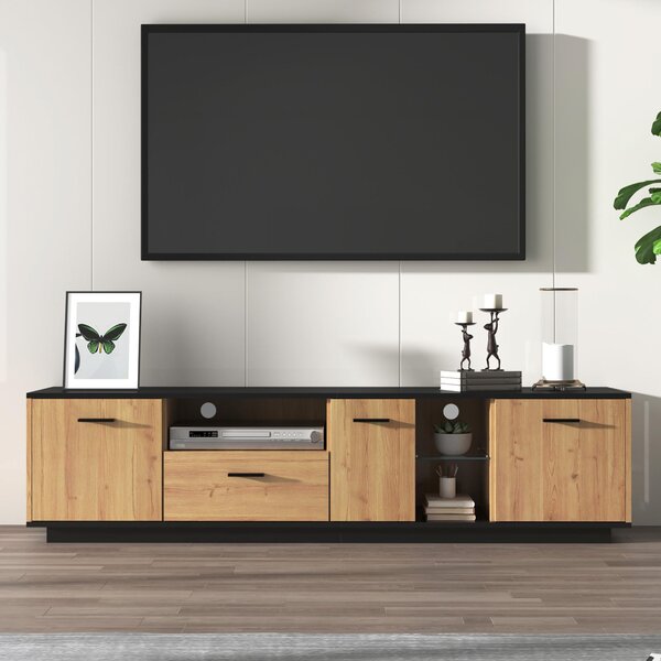 Modern TV Cabinet with 3 Doors, Drawer and 2 Open Glass Compartments, TV Stand with Solid Wooden Legs, 180L x 37W x 45H cm, Black+Wood Aosom UK