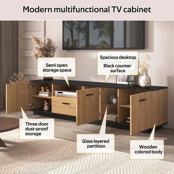 Modern TV Cabinet with 3 Doors, Drawer and 2 Open Glass Compartments, TV Stand with Solid Wooden Legs, 180L x 37W x 45H cm, Black+Wood Aosom UK