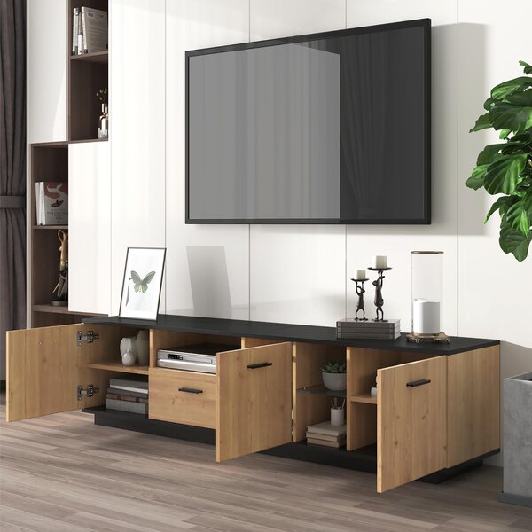 Modern TV Cabinet with 3 Doors, Drawer and 2 Open Glass Compartments, TV Stand with Solid Wooden Legs, 180L x 37W x 45H cm, Black+Wood Aosom UK