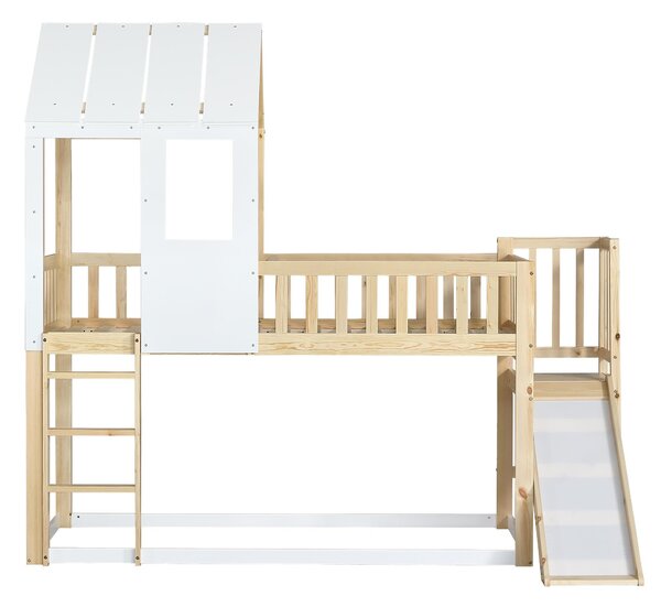 Wooden High Sleeper Bed with Slide and 3‑Step Ladder for Children, Bunk Bed with Playhouse Roof, 240.5L x 137.5W x 221H cm, White+Natural Aosom UK