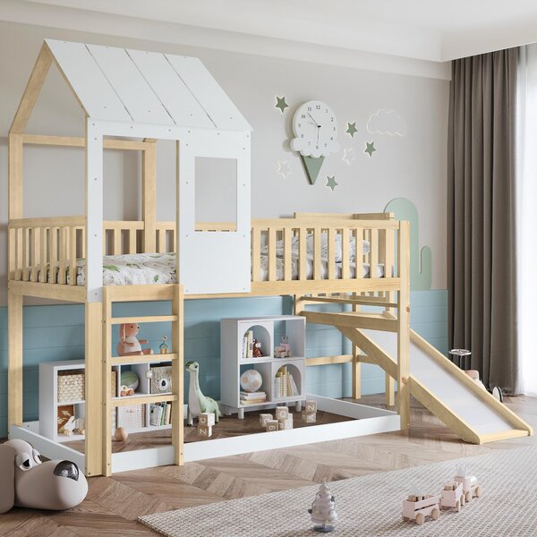 Wooden High Sleeper Bed with Slide and 3‑Step Ladder for Children, Bunk Bed with Playhouse Roof, 240.5L x 137.5W x 221H cm, White+Natural Aosom UK