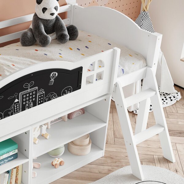 3ft Single Storage Bed with Built-in Blackboard for Drawing, High Sleeper Bed with Inclined Staircase, 196.5L x 132W x 96H cm, White+Black Aosom UK